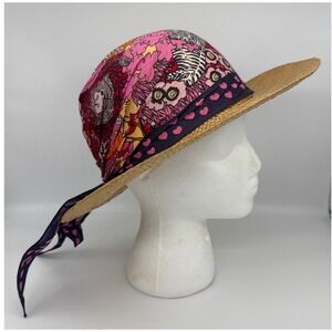 Vintage Mary Quant Straw Sun Hat Psychedelic Pink Floral Animal Print England Psychedelic Original Vintage Hats for Women for sale | eBay main image 2